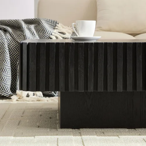 Vista 6 de Mesa de Centro Cuadrada de 35.43'' para Sala de Estar Mesa de Centro Acanalada Mesa Central Moderna con Pedestal para Apartamento Negro