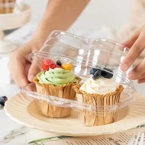 Vista 3 de Bekith 60 recipientes de plástico con 2 compartimentos para cupcakes, desechables con tapa hermética conectada, caja transparente apilable