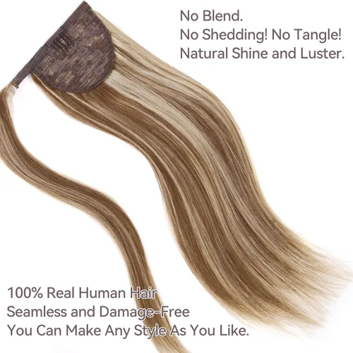 Vista 3 de Extensión de cola de caballo de cabello humano Remy 100% real, envolvente, cola de caballo larga y recta, extensiones de cabello con cola de caballo