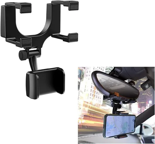 Vista 2 de Soporte de teléfono para espejo retrovisor, soporte para teléfono de automóvil con clips giratorios y ajustables de 270°, soporte universal