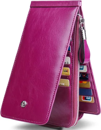 Vista 12 de Women's Genuine Leather Credit Card Holder RFID Long Zipper Purse Wallet 2-cera-rojo