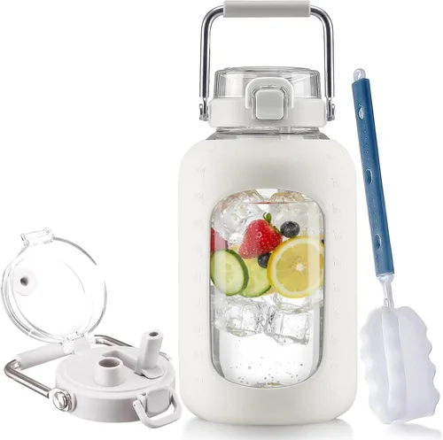Vista 18 de BLUEGO Botella de agua de vidrio de 64 onzas con mango de acero inoxidable, botella de agua grande con marcadores de tiempo y funda de silicona Ámbar