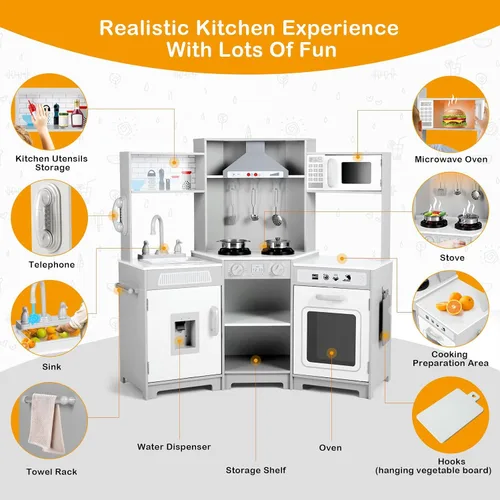 Vista 3 de JOYLDIAS Cocina de juego para niños, esquina de madera con luces y sonidos realistas, horno microondas, dispensador de agua, teléfono, fregadero