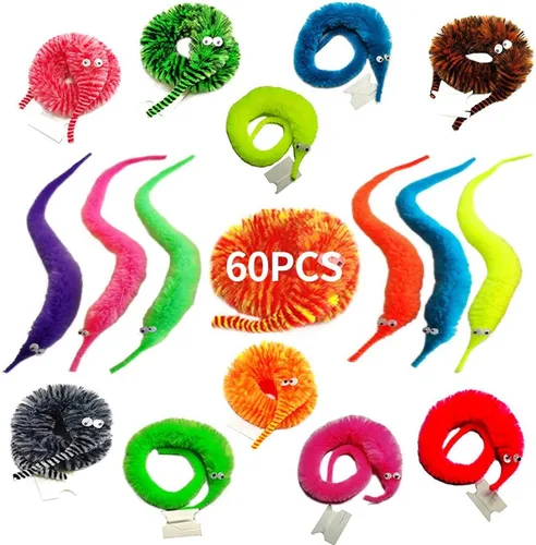 Vista 10 de SHENGSEN 6 piezas de gusanos peludos de arcoíris, gusanos complicados en cuerda, juguetes a granel, recuerdos de fiesta de carnaval para niños