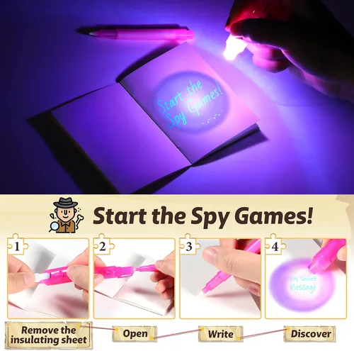 Vista 3 de Bolígrafos de tinta invisible GIFTINBOX con luz UV para niños, bolígrafos espía para regalos de fiesta para niños de 8 a 12, paquete de 24