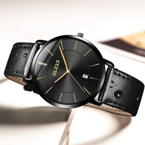 Vista 3 de OLEVS Reloj para hombre, de lujo, ligero, de cuero, impermeable, con movimiento japonés, para hombre, con fecha, calendario, minimalista, ultrafino