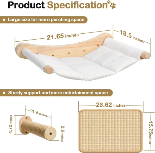 Vista 6 de Hamaca de pared para gatos, 2 estantes de escalada para gatos, estantes de pared grandes para cama y tabla rascadora para escalar, dormir, jugar