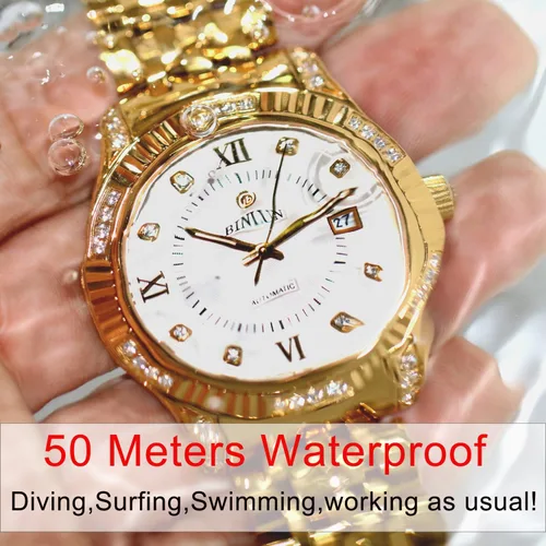 Vista 30 de BINLUN Reloj de pulsera para hombre, mecánico automático, reloj dorado con cuerda automática, elegante, chapado en oro de 18 quilates, relojes