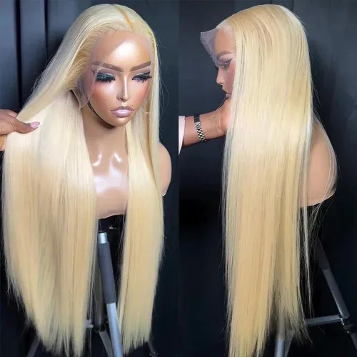 Vista 2 de Aubree Peluca de encaje frontal rubio 613, cabello largo y lacio, resistente al calor, fibra rubia, pelucas sintéticas sin pegamento, predepiladas