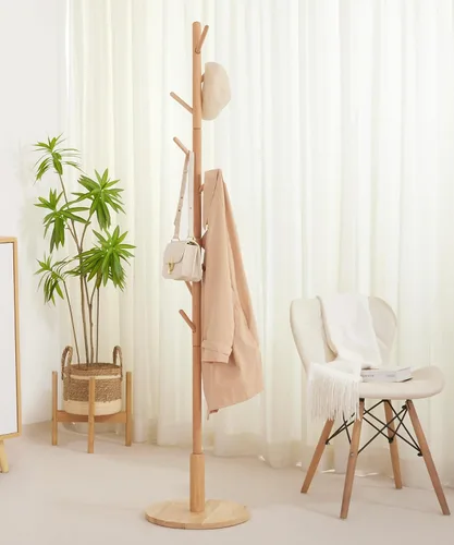 Vista 8 de Cozivolife Perchero de pie, perchero de madera con 9 ganchos y 3 alturas ajustables, abrigo de árbol de madera de haya para dormitorio, oficina