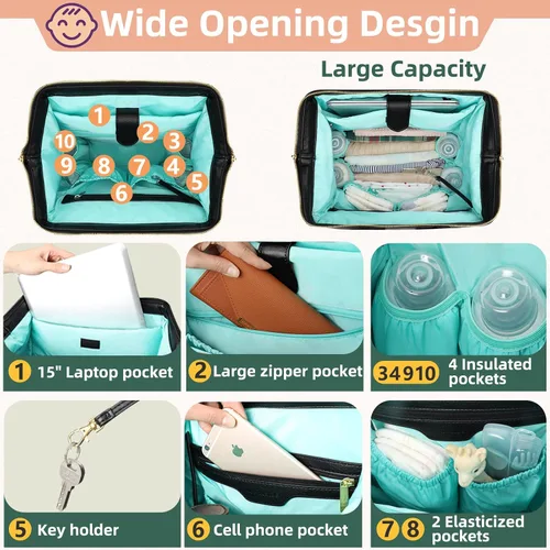 Vista 2 de MOMINSIDE Mochila para pañales, mochila de cuero para mamá papá, bolsa de viaje grande para niños y niñas, se adapta a portátiles de 15 pulgadas, 4