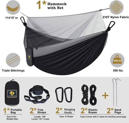 Vista 5 de Qevooon Hamaca de camping con red, hamacas ligeras portátiles de viaje con correas para árboles y mosquetones sólidos en forma de D, hamaca de Negro