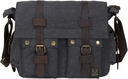 Vista 2 de morral de cuero y lona para computadora portátil + morral de lona para cámara Dslr Slr