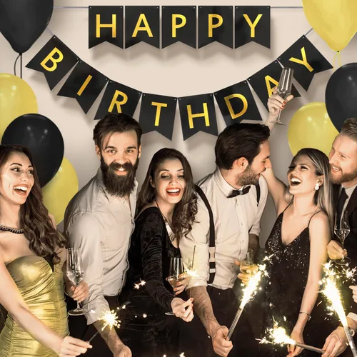 Vista 7 de Cartel y cartel de feliz cumpleaños, 9 pies pre-encordados, sin montaje, decoraciones de cumpleaños negro y dorado para mujeres, hombres, niñas