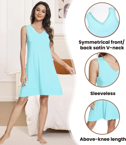 Vista 4 de NACHILA Nightgowns for Women-Viscose Made from Bamboo V Neck Nightshirts Verde Aqua