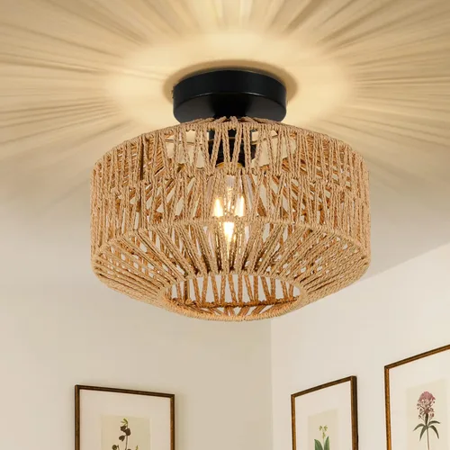 Vista 11 de Lámpara bohemia para techo, lámpara de techo de ratán con bombilla LED regulable, mini lámpara de araña tejida a mano para pasillo, dormitorio Gris