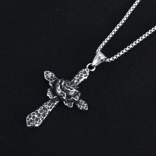 Vista 4 de Collar de cruz para hombre, acero inoxidable 316L, con colgante de crucifijo religioso, joyería de cruz religiosa, regalo de cumpleaños y Navidad