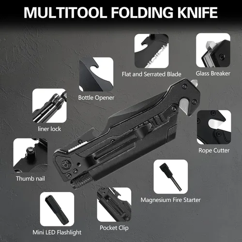 Vista 4 de Cuchillo táctico de supervivencia 7 en 1 - Rompe cristales, cortador de cinturón, hoja de acero serrada, encendedor, linterna LED, abridor