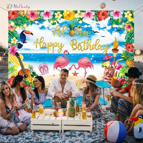 Vista 7 de Decoraciones de fiesta de cumpleaños Luau de alta calidad, pancarta Aloha con texto en inglés "Happy Birthday", grande de 72 x 44 pulgadas, diseño
