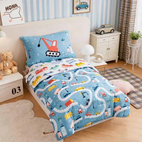 Vista 2 de PERFEMET Juego de cama de 4 piezas para niños pequeños con edredón de autos para niños, reversible, ligero, vehículos azules, juego de cama