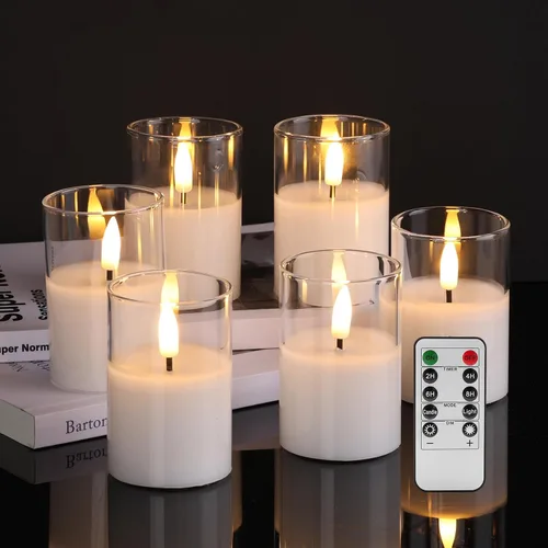 Vista 11 de Velas votivas sin llama de vidrio dorado con control remoto y temporizador, juego de 6 velas LED parpadeantes de cera real, pilar pequeño