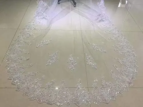 Vista 5 de 1 T velos de boda cristales perlas de encaje catedral velos de novia con diamantes de imitación