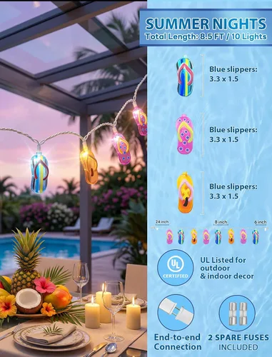 Vista 2 de Luces de cadena tricolor de pantuflas de 8.5 pies, luces de chancletas con temática de playa tropical al aire libre con 10 bombillas de plástico