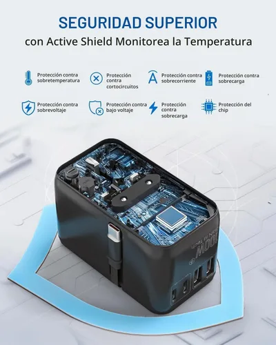 Vista 7 de DOACE Adaptador de viaje universal GaN de 100 W, adaptador de corriente internacional 6 en 1, enchufe de viaje europeo con cable USB-C integrado