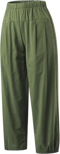 Vista 3 de Zontroldy Pantalones capri de lino para mujer, cintura alta, pierna ancha, pantalones capri de yoga, pantalones cortos con bolsillos