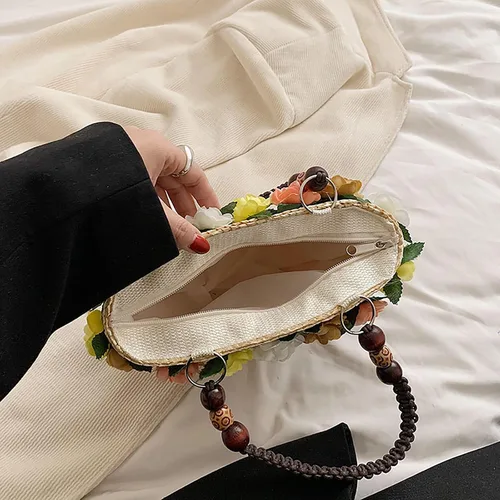 Vista 3 de Bolso de mano de paja de flores para mujer, bolso de hombro con asa trenzada retro de verano, bolso de hombro bohemio para playa y viaje