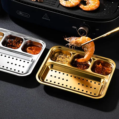 Vista 6 de Plato dividido de acero inoxidable, platos pequeños para salsas, ensaladas, pigmentos, aperitivos, bandeja de aceite de drenaje desmontable, 4