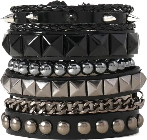Vista 3 de Juego de 4 pulseras punk góticas de piel sintética con remaches y tachuelas de rock, para hombres y mujeres, hip hop, unisex, regalo de joyería
