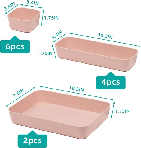 Vista 2 de Backerysupply Juego de 12 organizadores de cajones de escritorio de plástico de color rosa para maquillaje, baño, oficina, cocina, cajón, caja