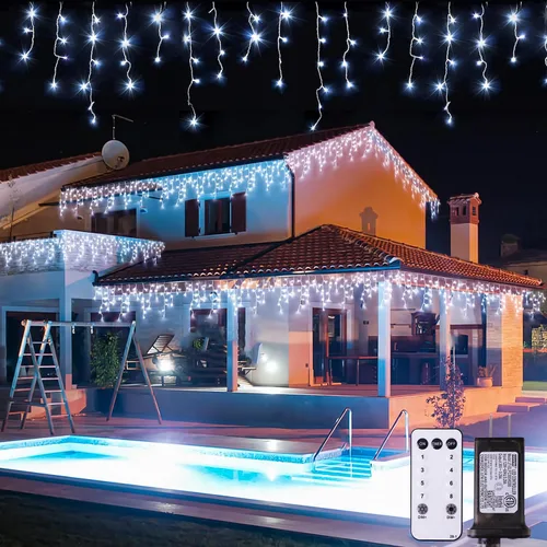 Vista 31 de JMEXSUSS 400 luces LED de Navidad de carámbano de 38.8 pies con control remoto, tira de luces multicolor para exteriores enchufables, 8 modos
