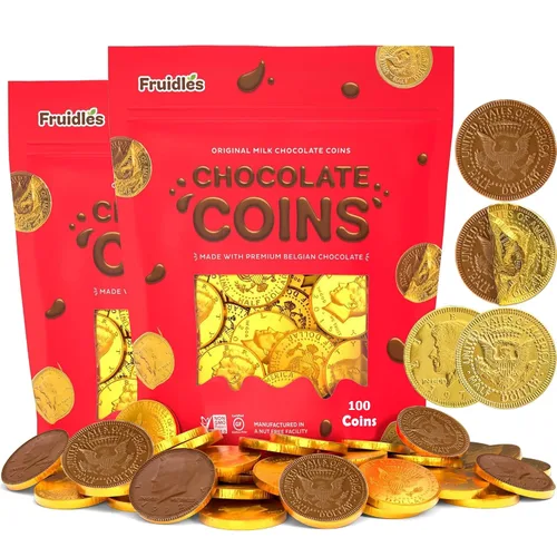 Vista 7 de Fruidles Paquete de 50 Monedas de Chocolate con Leche, Medio Dólar Dorado, Elaboradas con Ingredientes Belgas Premium, Sin Frutos Secos, Sin OGM