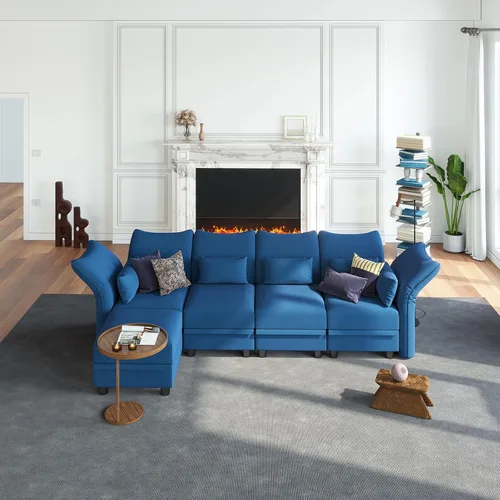 Vista 9 de LLappuil Sofá modular de terciopelo en forma de L con almacenamiento, sofá moderno de 5 plazas de 127.8 pulgadas con diván, sofás reclinables de Azul