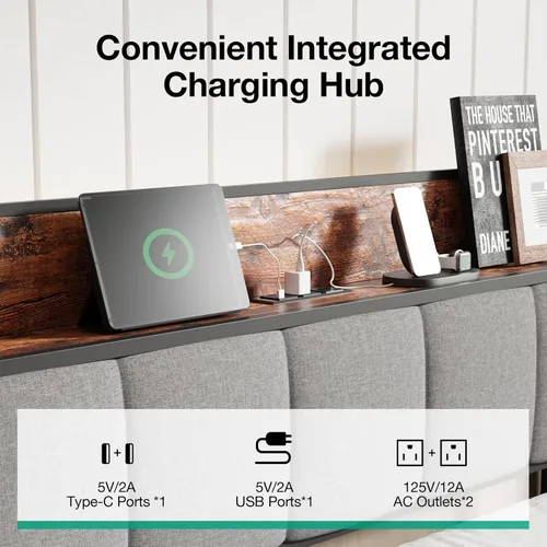 Vista 3 de Novilla Base de cama Queen con estación de carga USB/tipo C y cabecera de almacenamiento, marco de cama de plataforma de metal moderno, fácil