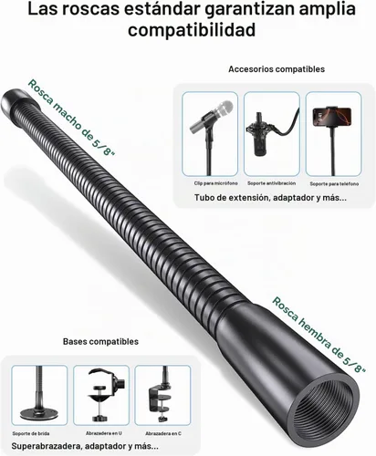 Vista 5 de Cuello de cisne de micrófono de 13 pulgadas (rosca 5/8-27) – Brazo de micrófono universal resistente para soporte de micrófono, ajuste de 360°, alta