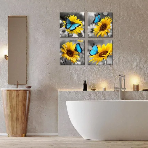 Vista 117 de Wall HDQ Arte de pared de flores para baño, dormitorio, sala de estar, decoración de pared azul y naranja, pintura floral, lienzo impreso, imagen