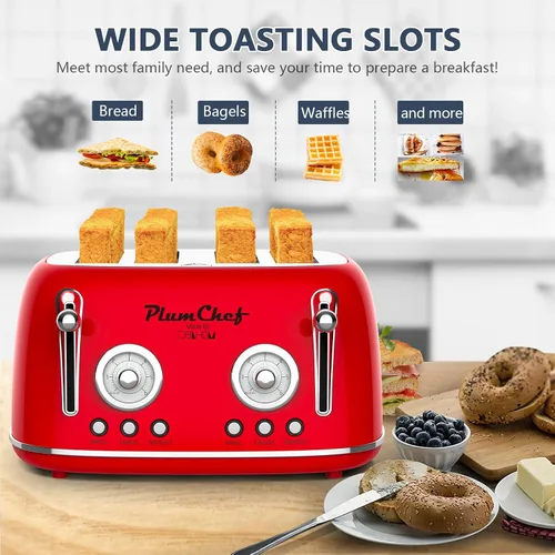Vista 4 de Tostadora de ranura larga extra ancha de 4 rebanadas, bandeja extraíble para migas, 6 ajustes de tostado, funciones de bagel/descongelación, 1650 W