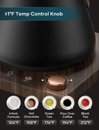 Vista 3 de INTASTING Hervidor Eléctrico, Hervidor Eléctrico de Cuello de Ganso, Control Preciso de Temperatura de ±1℉, Interior de Acero Inoxidable, Negro ónice