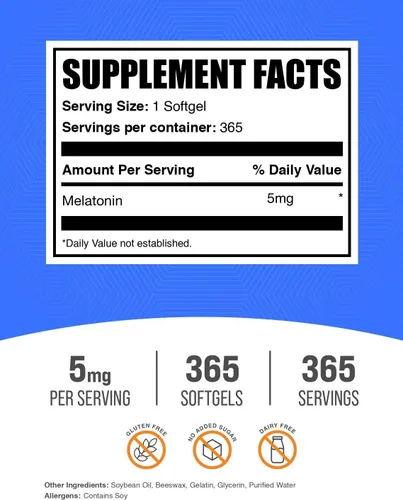 Vista 2 de BulkSupplements. com Melatonina 5 mg cápsulas blandas - Suplemento para dormir para adultos, 5 mg por porción, sin gluten, 1 cápsula blanda por