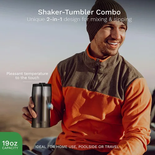 Vista 3 de The Mixologer Coctelera y vaso Mezclador de bebidas de acero inoxidable de 19 onzas con medidas integradas, diseño a prueba de fugas y aislamiento