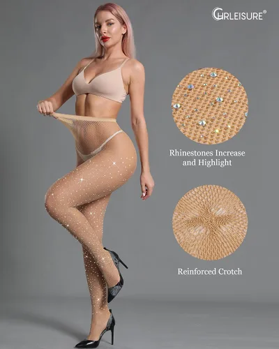 Vista 3 de CHRLEISURE - Medias con diamantes de imitación brillantes para mujer, mallas de red sexis y de cintura alta