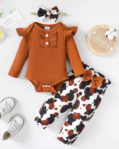 Vista 2 de Mioglrie Conjunto de ropa de bebé recién nacido, conjunto de pantalones, conjunto floral de algodón, ropa de bebé para niñas