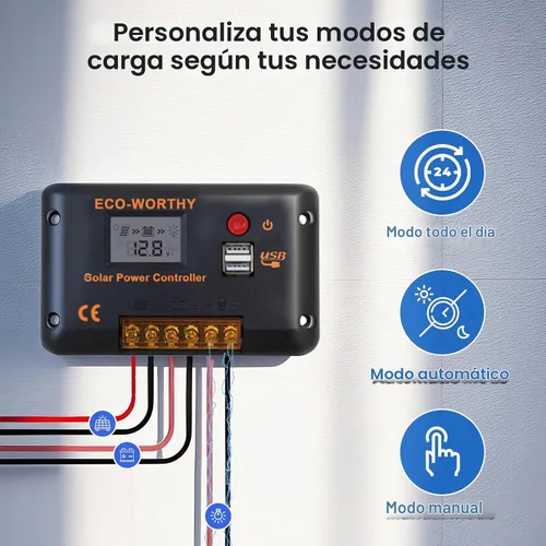 Vista 6 de Controlador de carga solar ECO-WORTHY 30A 12/24V PWM con Bluetooth
