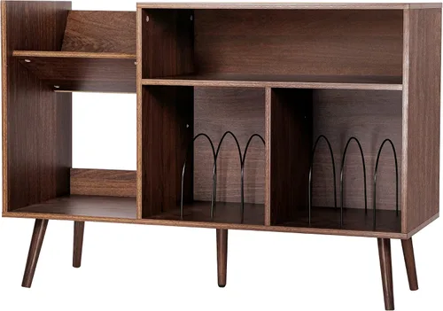Vista 8 de Mid-Century - Moderno soporte para tocadiscos, mesa de almacenamiento de discos de vinilo con patas de madera, soporte para tocadiscos, soporte