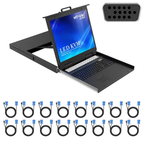 Vista 11 de MT-VIKI Conmutador KVM para rack con monitor LCD de 17 pulgadas, conmutador KVM VGA de 16 puertos con monitor táctil de teclado, apto para rack