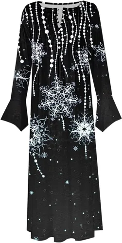 Vista 4 de QIGUANDZ Christmas Fashion Snowflake A-Line Dress for Women Henley Pleated Front Button V Neck Xmas Midi Dress with Pockets