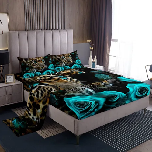 Vista 13 de Erosebridal Sábanas de cama de guepardo con rosa roja, juego de sábanas de bolsillo profundo con estampado de leopardo y gato, sábana bajera